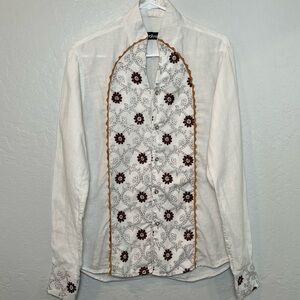 EVOLVE Vintage-Inspired Linen Blouse Floral Embroidery Size Large Romantic Boho